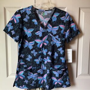 Women's Black and Blue Butterfly Scrub Top